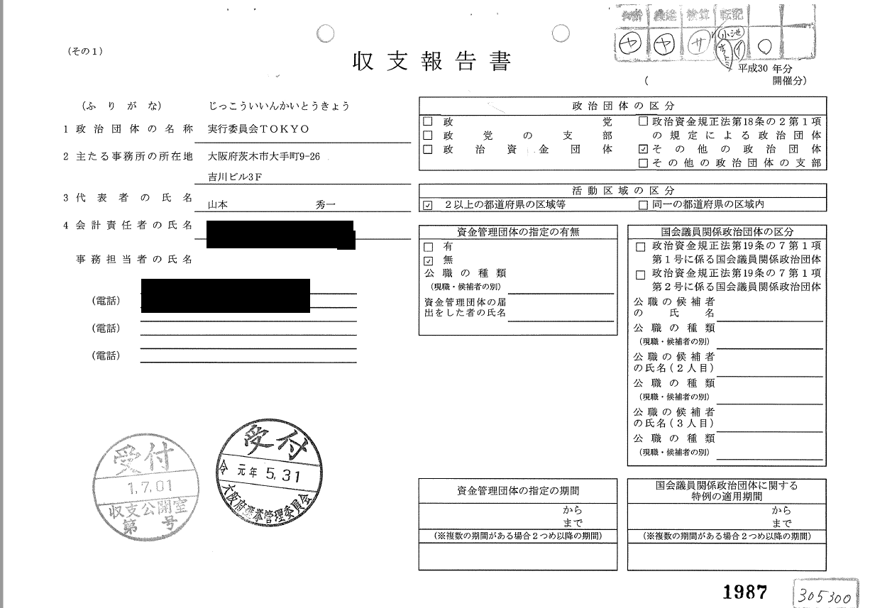 「実行委員会TOKYO」の政治資金収支報告書